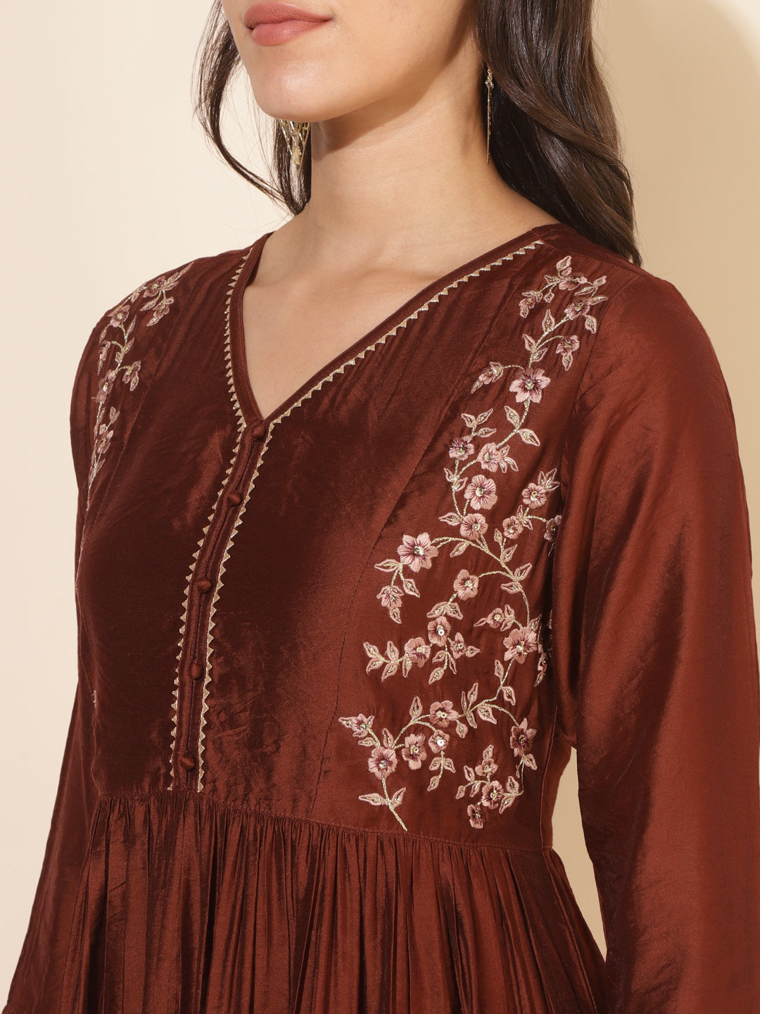 Brown Chanderi Embellished Kurta Palazzo Set  - By Janasya