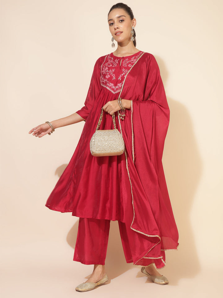 Red Chanderi Embellished Kurta with Palazzo and Dupatta  - By Janasya