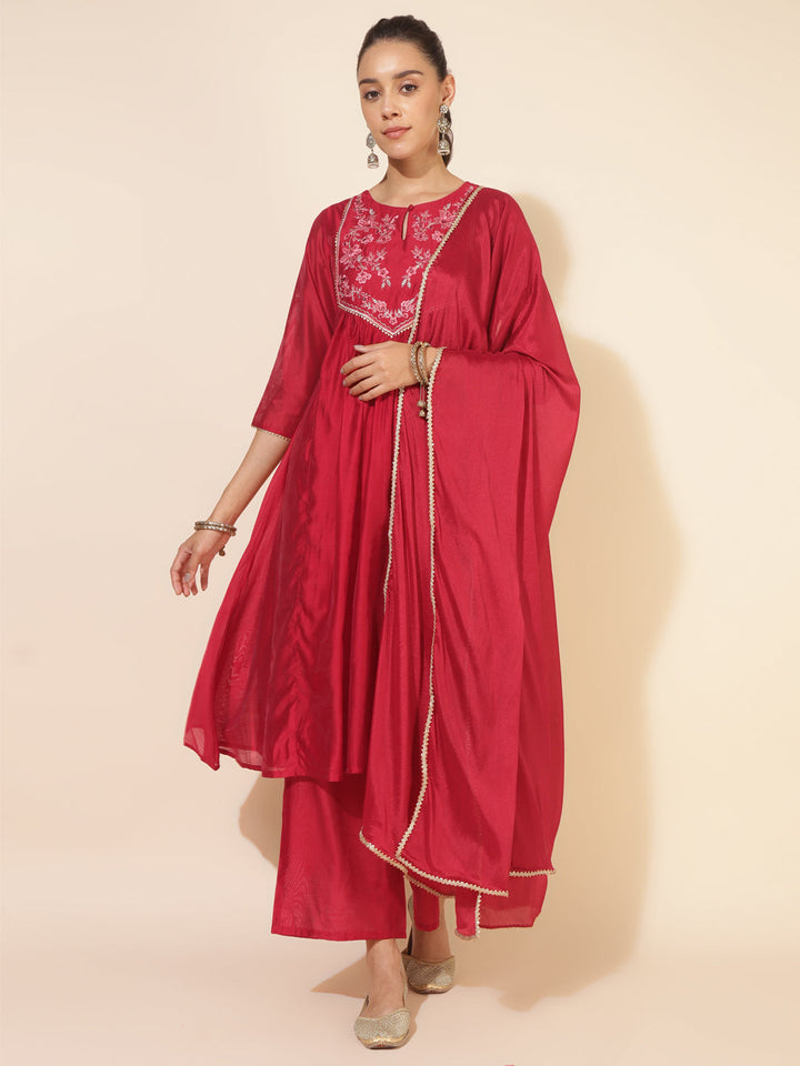 Red Chanderi Embellished Kurta with Palazzo and Dupatta  - By Janasya