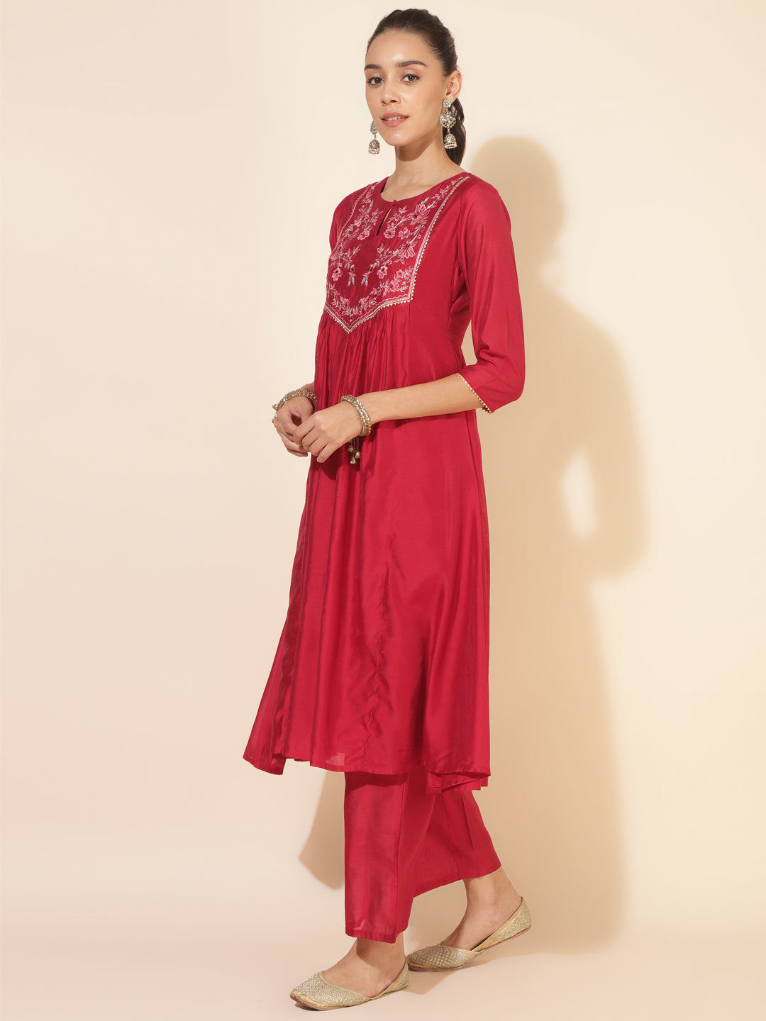 Red Chanderi Embellished Kurta with Palazzo and Dupatta  - By Janasya