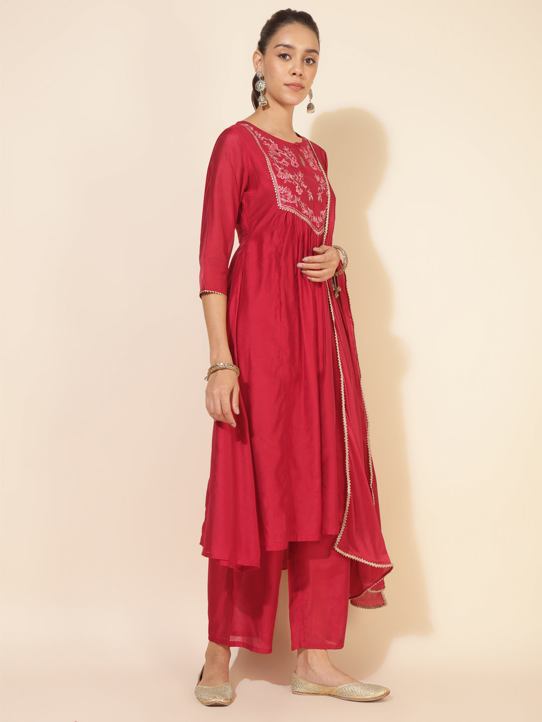 Red Chanderi Embellished Kurta with Palazzo and Dupatta  - By Janasya