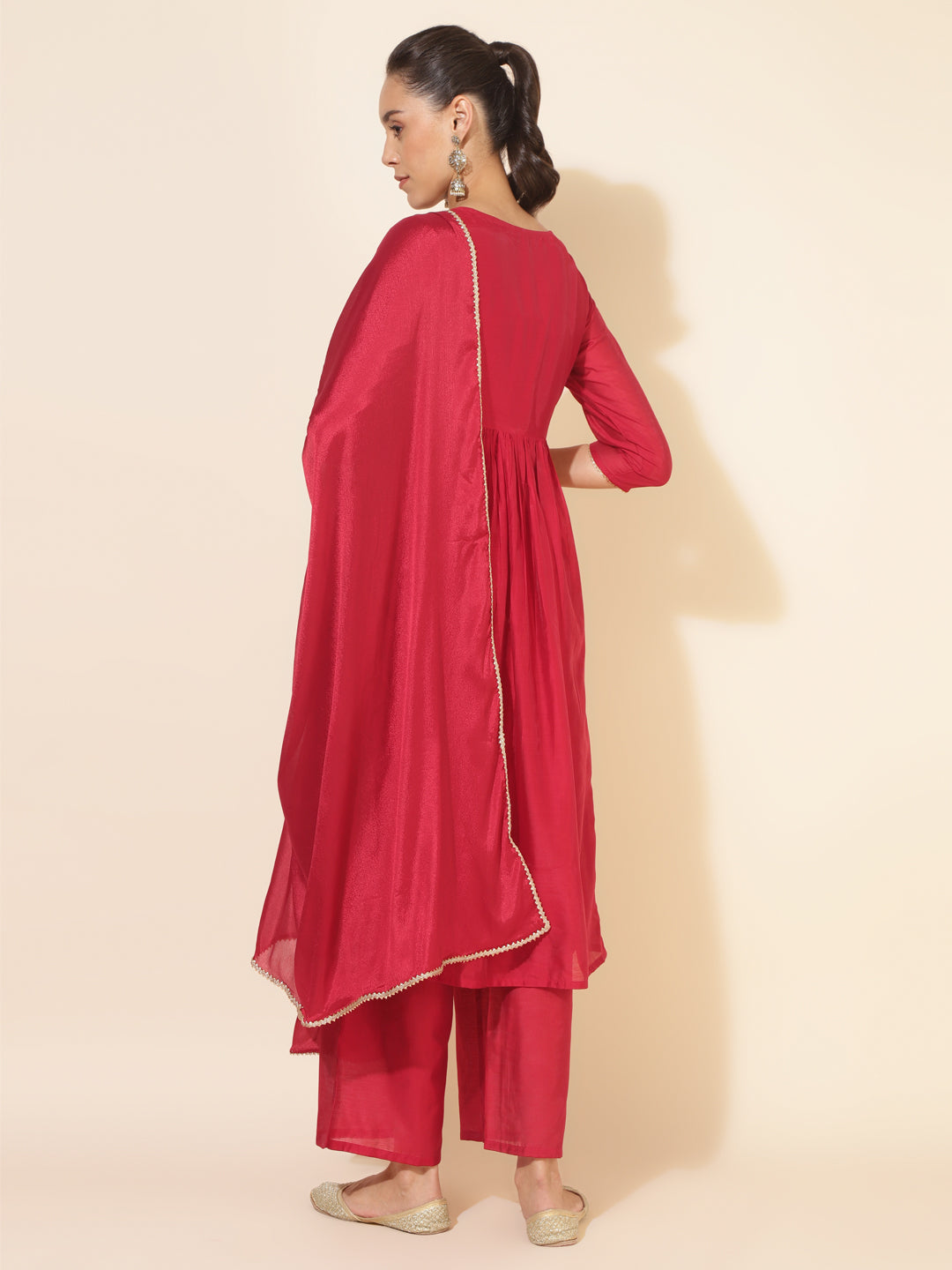 Red Chanderi Embellished Kurta with Palazzo and Dupatta  - By Janasya