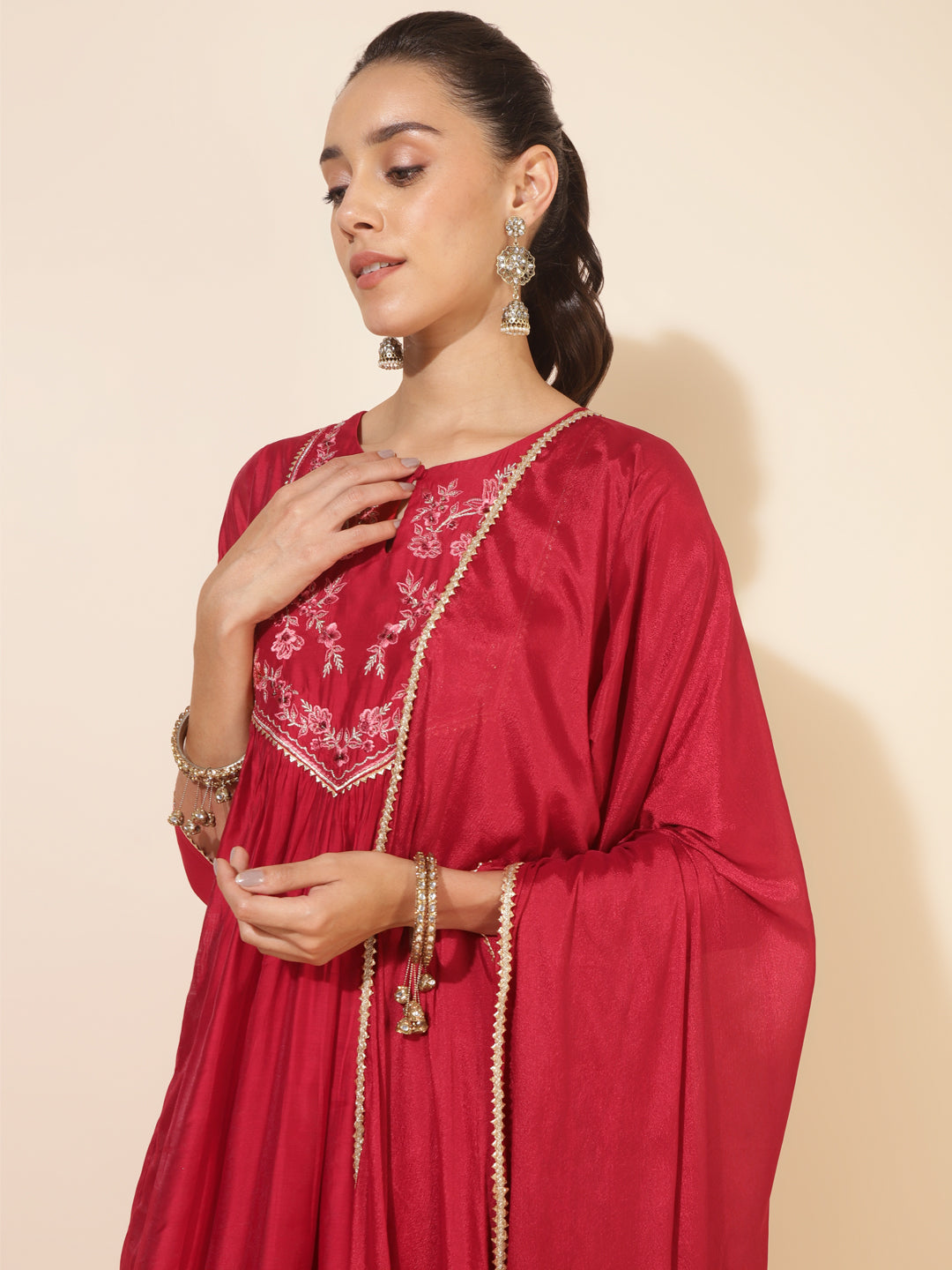 Red Chanderi Embellished Kurta with Palazzo and Dupatta  - By Janasya