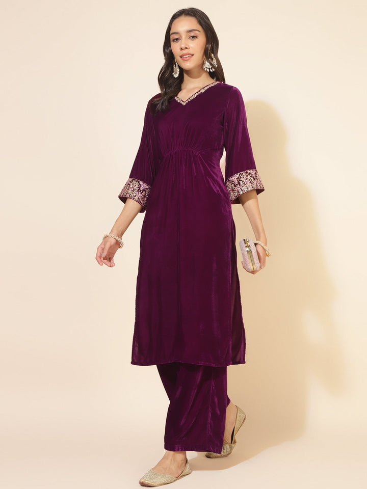 Purple Velvet Embellished Kurta with Palazzo  - By Janasya