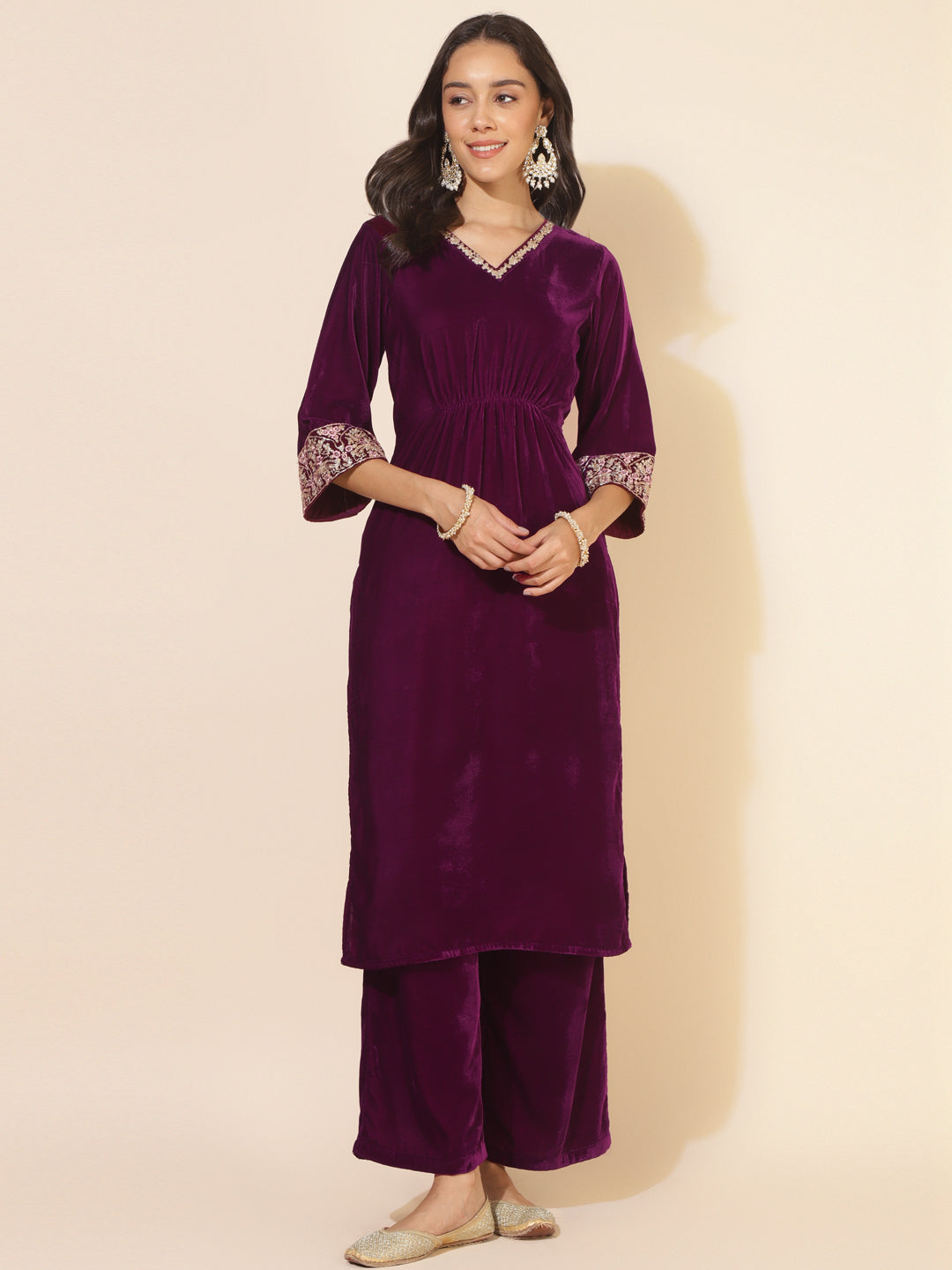 Purple Velvet Embellished Kurta with Palazzo  - By Janasya