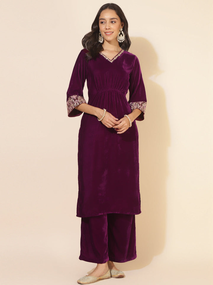 Purple Velvet Embellished Kurta with Palazzo  - By Janasya