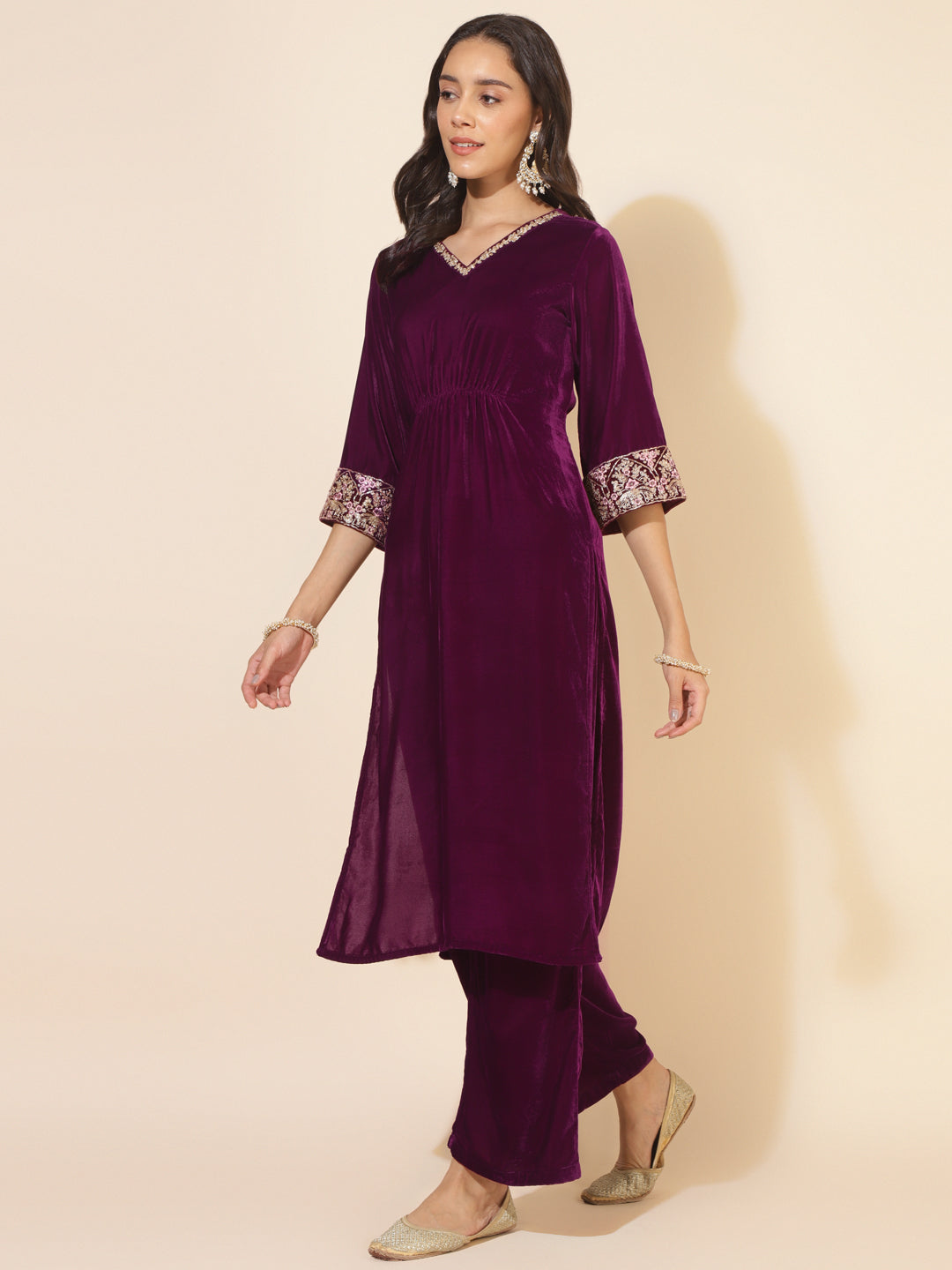 Purple Velvet Embellished Kurta with Palazzo  - By Janasya