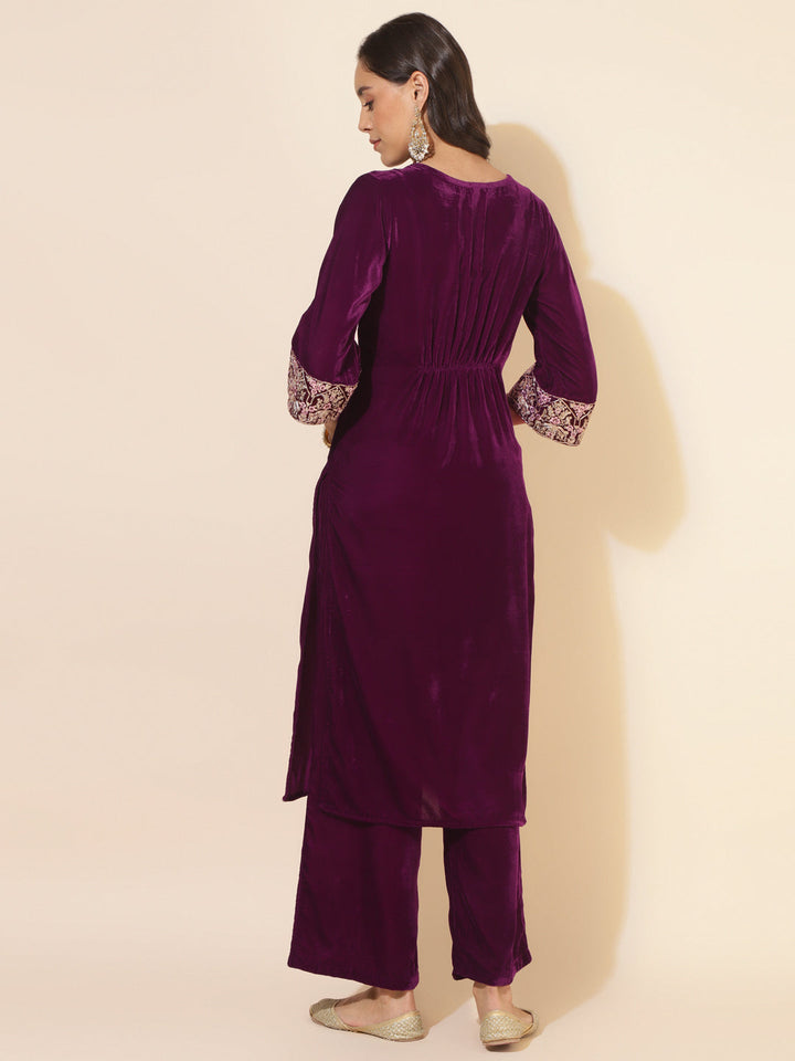 Purple Velvet Embellished Kurta with Palazzo  - By Janasya