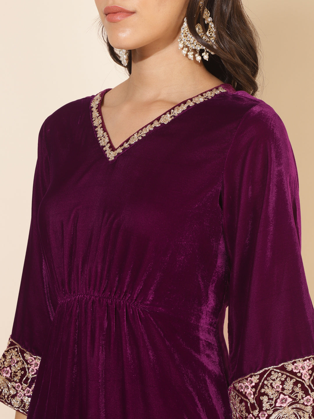 Purple Velvet Embellished Kurta with Palazzo  - By Janasya