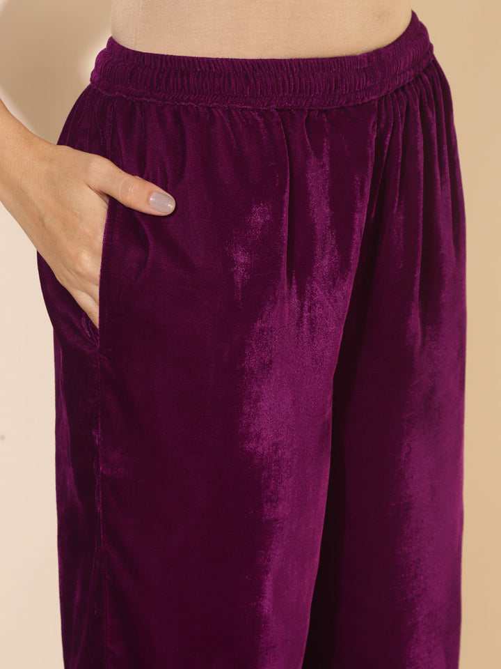 Purple Velvet Embellished Kurta with Palazzo  - By Janasya