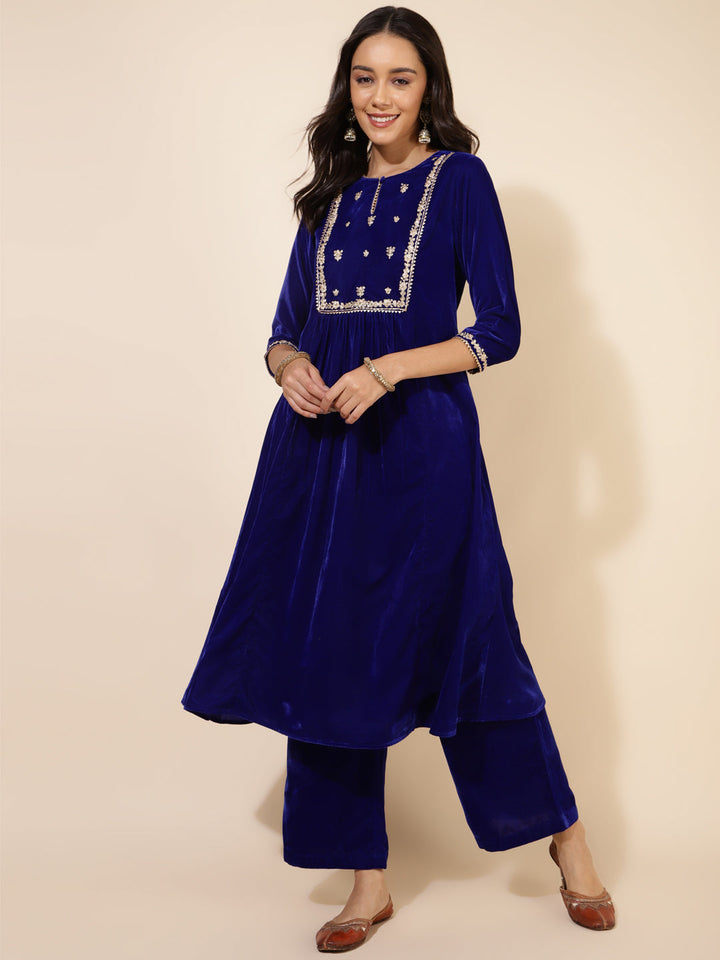 Royal Blue Velvet Embellished Kurta and Palazzo  - By Janasya