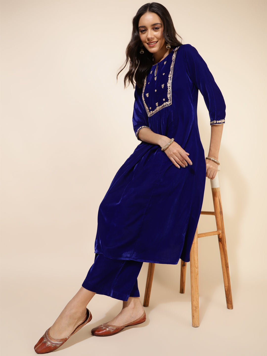 Royal Blue Velvet Embellished Kurta and Palazzo  - By Janasya