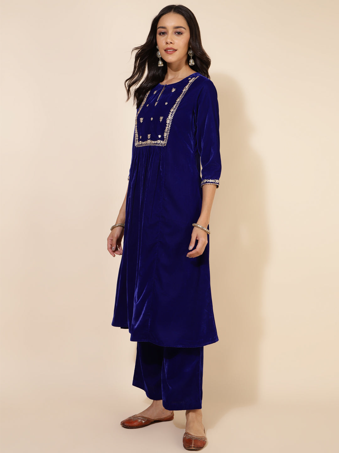 Royal Blue Velvet Embellished Kurta and Palazzo  - By Janasya