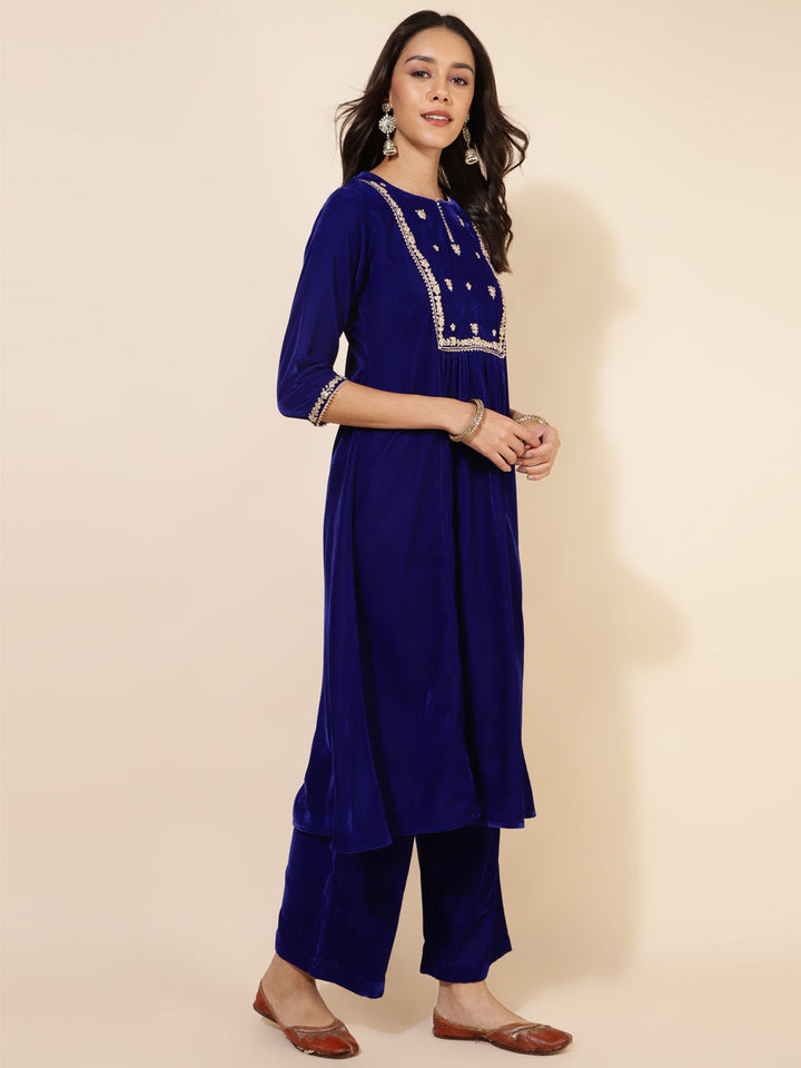 Royal Blue Velvet Embellished Kurta and Palazzo  - By Janasya