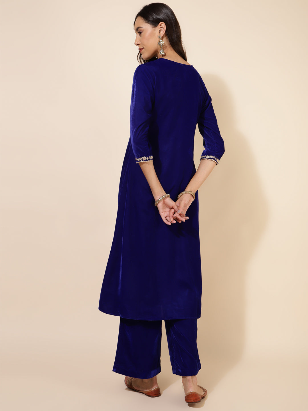 Royal Blue Velvet Embellished Kurta and Palazzo  - By Janasya