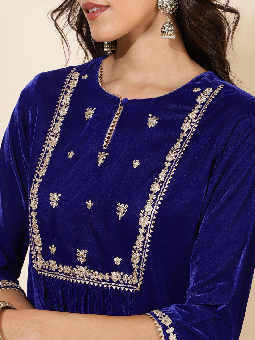 Royal Blue Velvet Embellished Kurta and Palazzo  - By Janasya