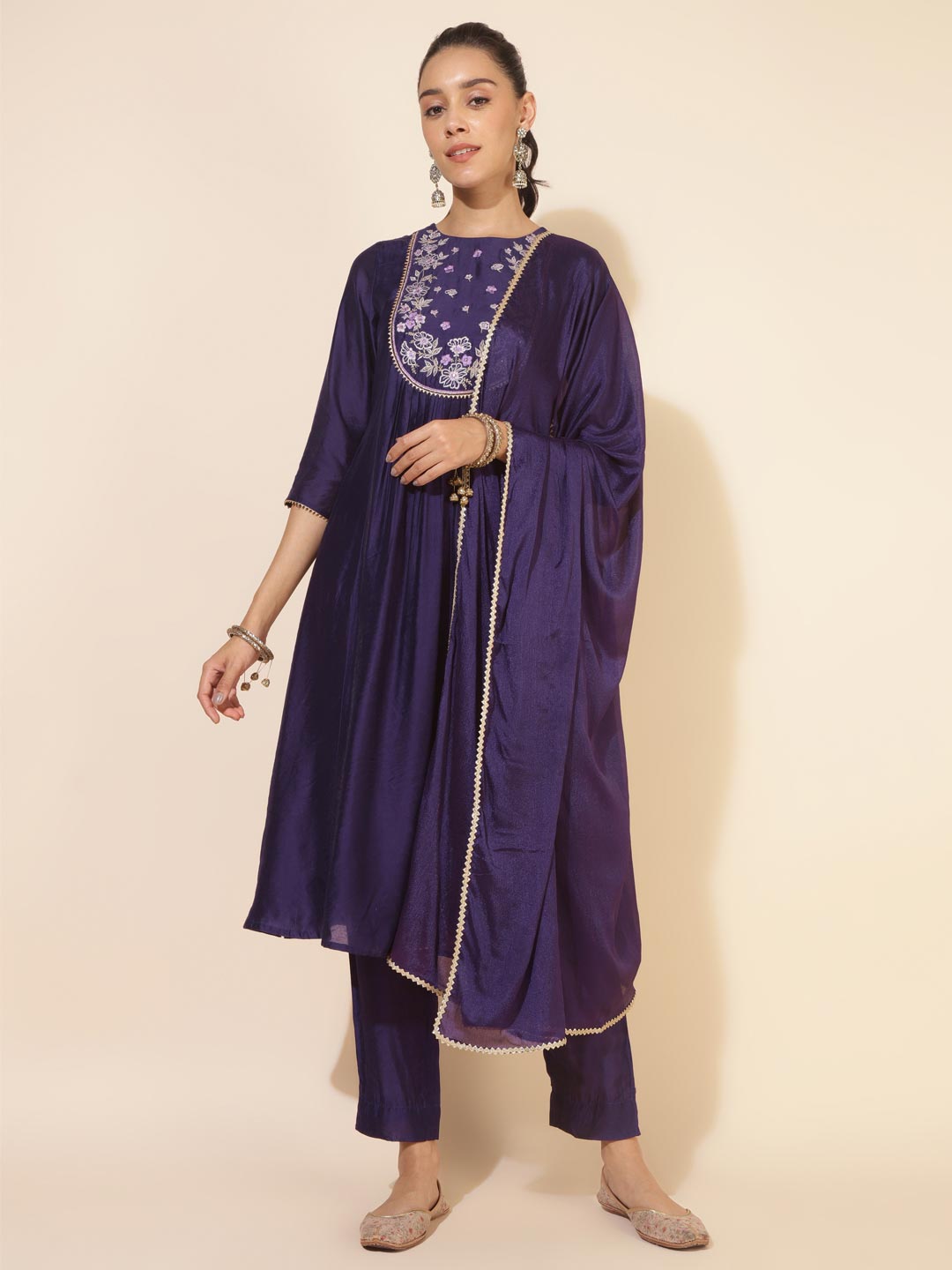 Purple Chanderi Yoke Embroidery A-Line Kurta Set  - By Janasya