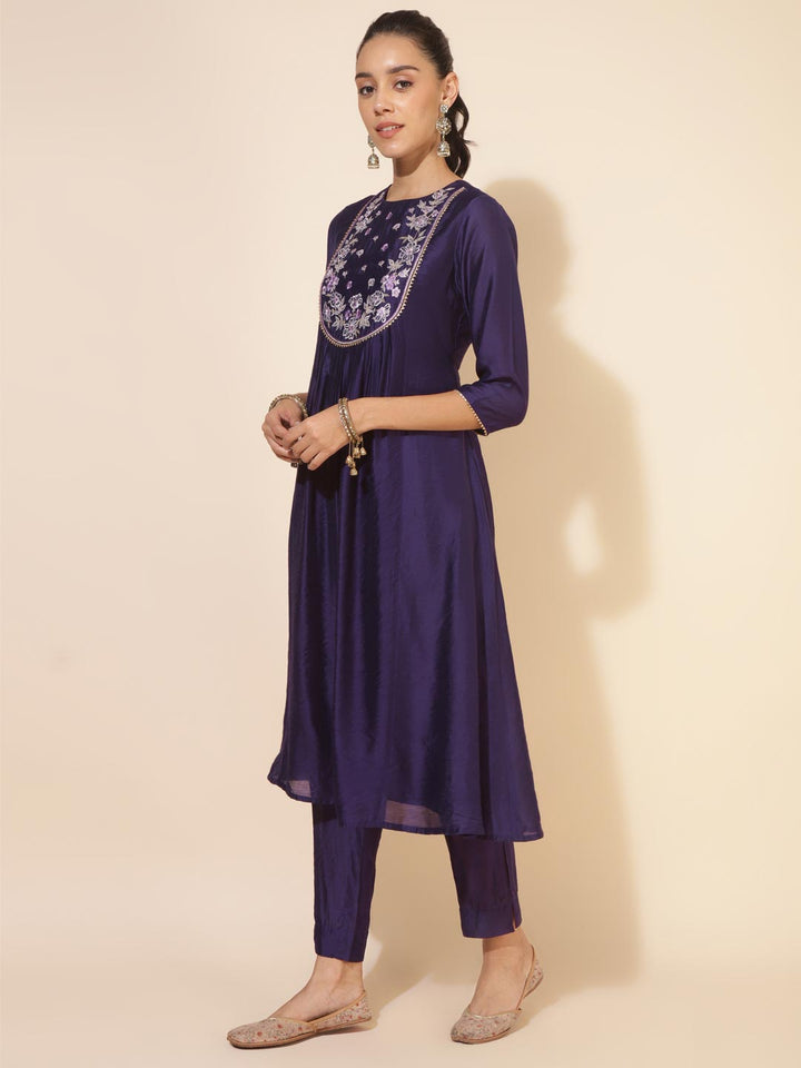 Purple Chanderi Yoke Embroidery A-Line Kurta Set  - By Janasya