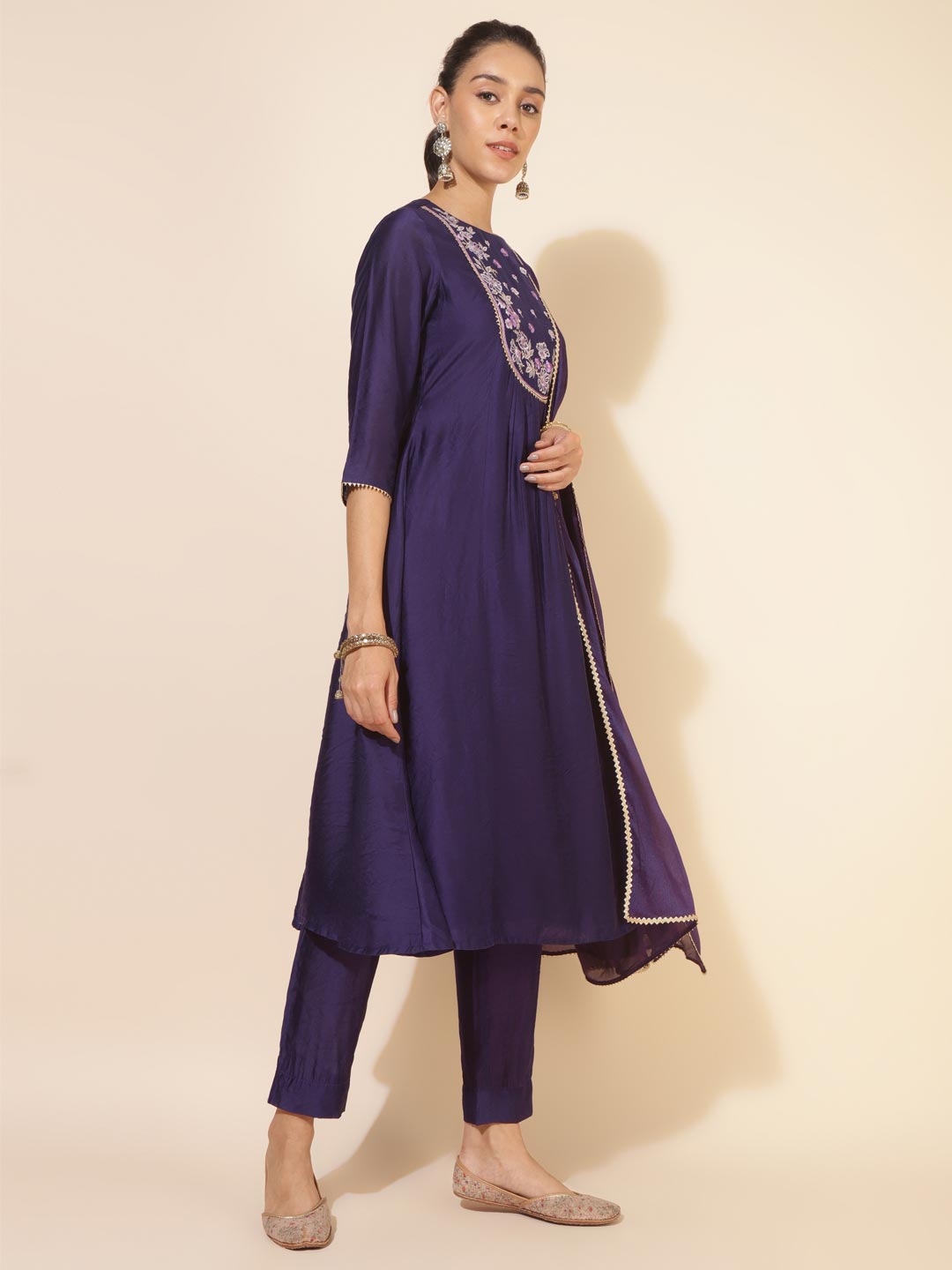 Purple Chanderi Yoke Embroidery A-Line Kurta Set  - By Janasya