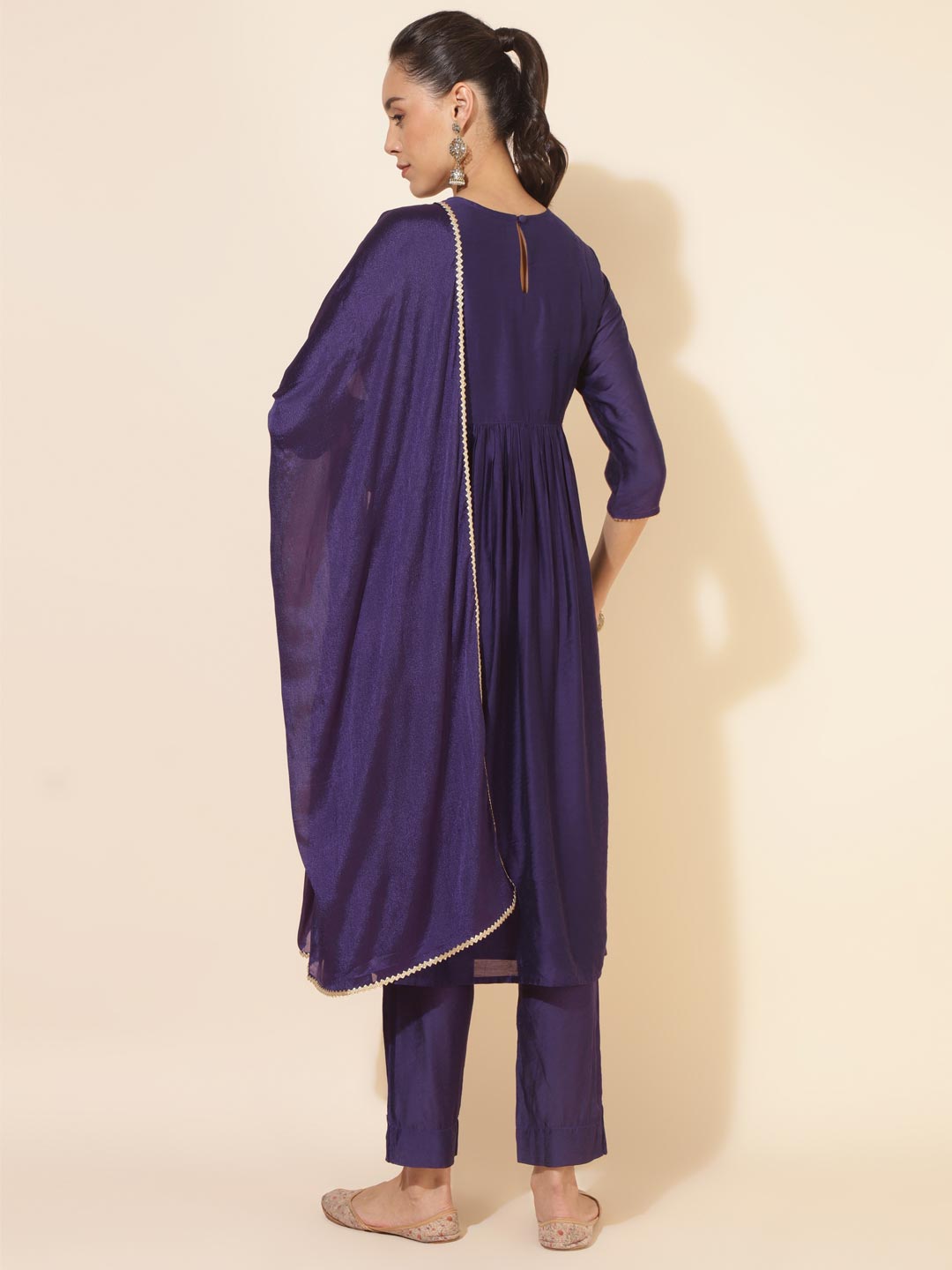 Purple Chanderi Yoke Embroidery A-Line Kurta Set  - By Janasya