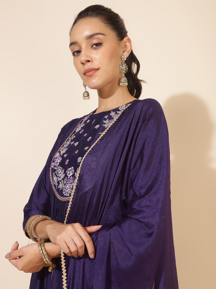 Purple Chanderi Yoke Embroidery A-Line Kurta Set  - By Janasya