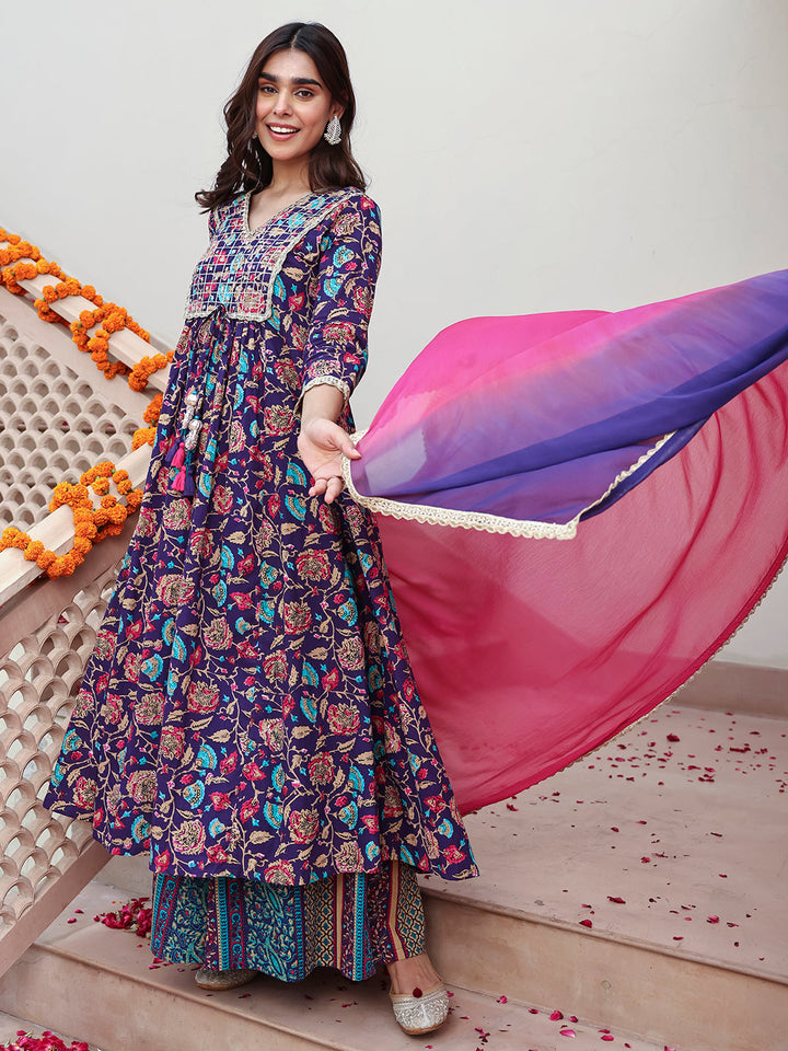 Purple Cotton Embellished Ethnic Printed Kurta with Flared Palazzo and Dupatta  - By Janasya