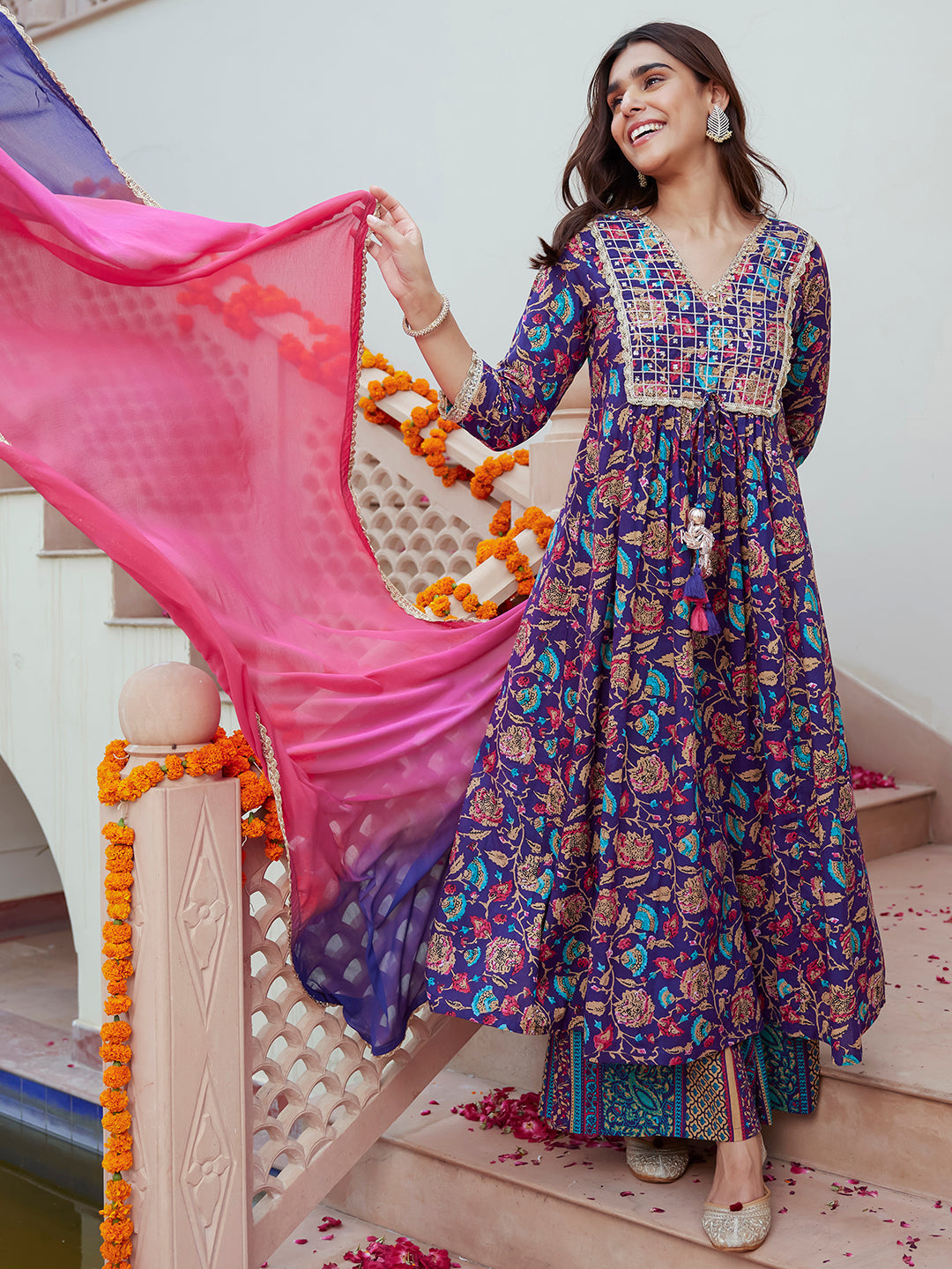 Purple Cotton Embellished Ethnic Printed Kurta with Flared Palazzo and Dupatta  - By Janasya