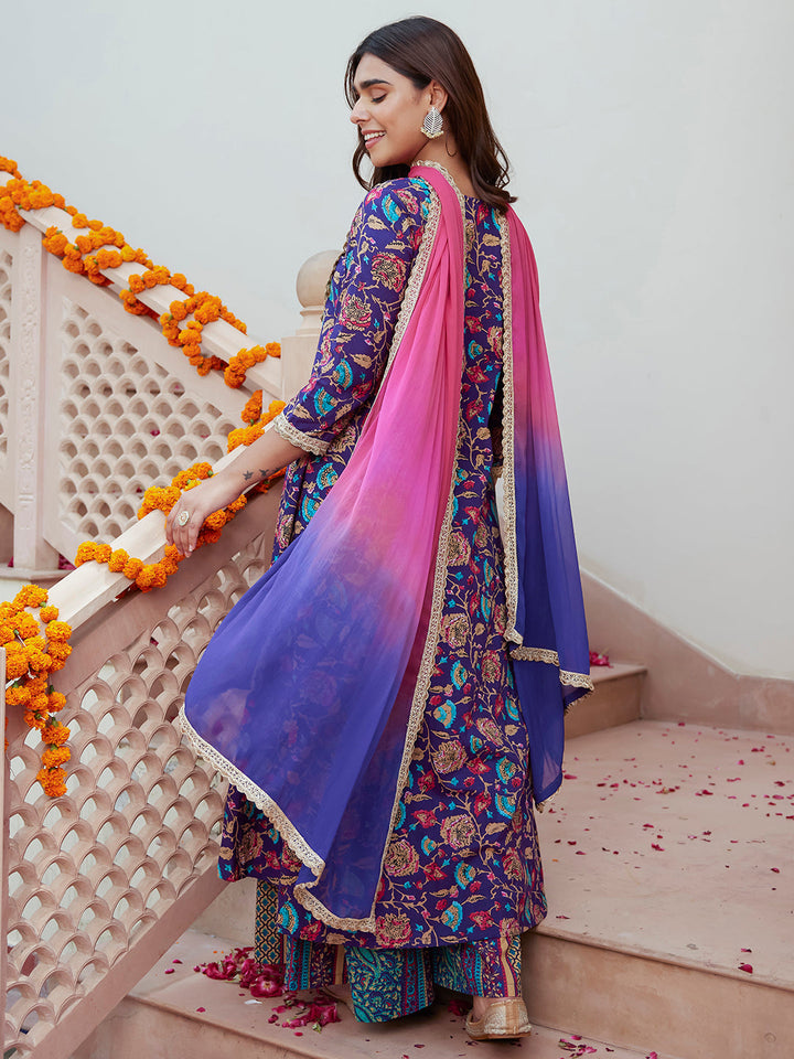 Purple Cotton Embellished Ethnic Printed Kurta with Flared Palazzo and Dupatta  - By Janasya