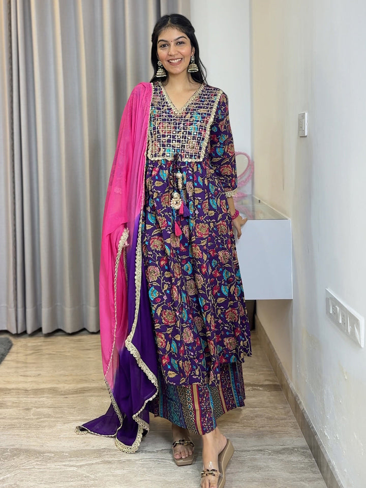 Purple Cotton Embellished Ethnic Printed Kurta with Flared Palazzo and Dupatta  - By Janasya