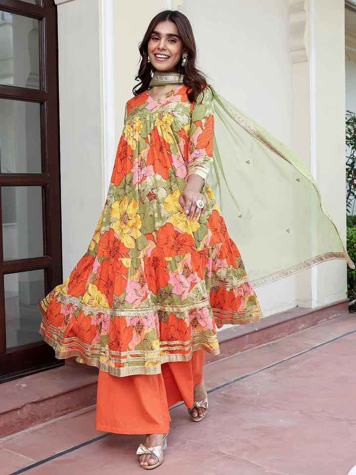 Multicolor Cotton Floral Printed Kurta with Palazzo and Dupatta  - By Janasya