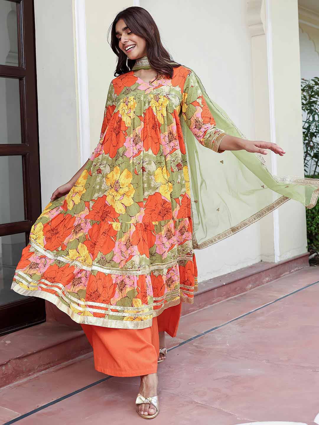 Multicolor Cotton Floral Printed Kurta with Palazzo and Dupatta  - By Janasya