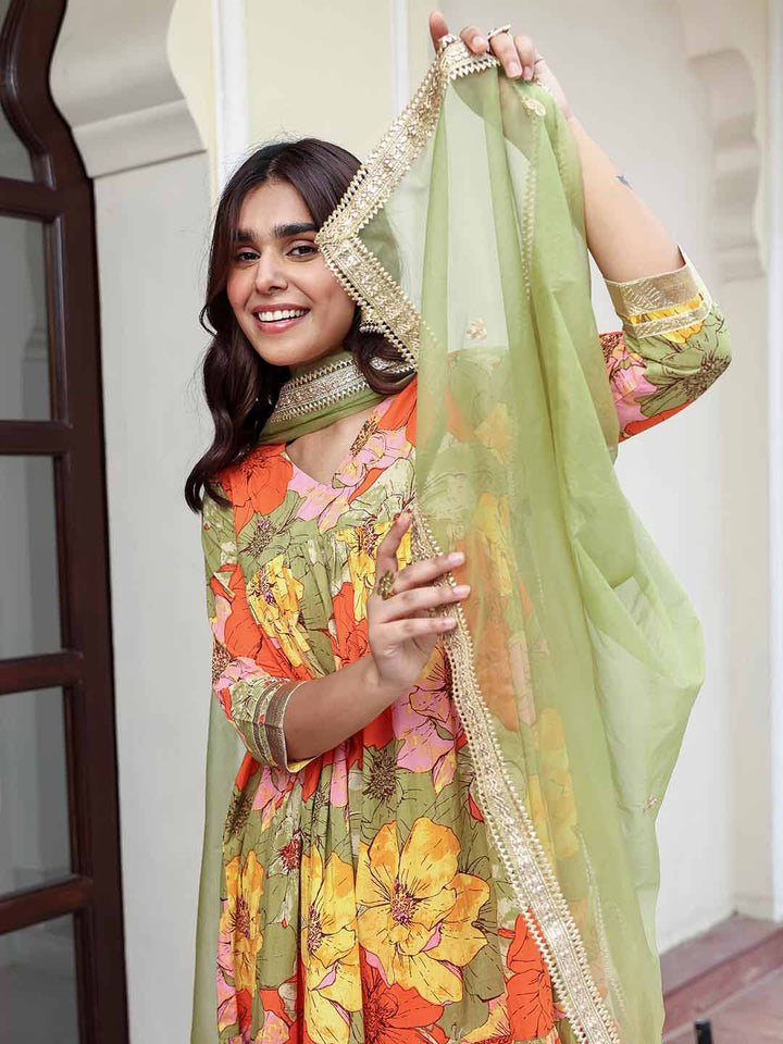 Multicolor Cotton Floral Printed Kurta with Palazzo and Dupatta  - By Janasya