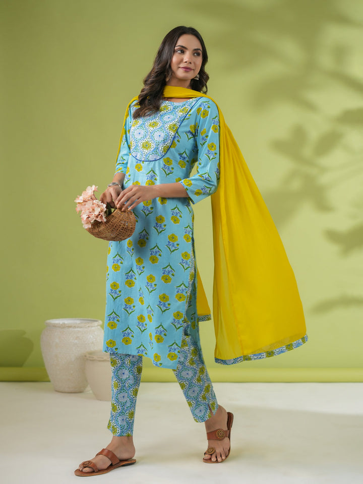 Light Blue Cotton Floral Regular Kurta Pant Set  - By Janasya