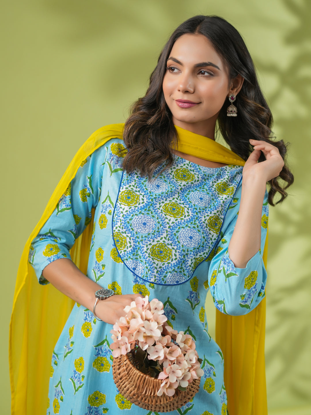 Light Blue Cotton Floral Regular Kurta Pant Set  - By Janasya