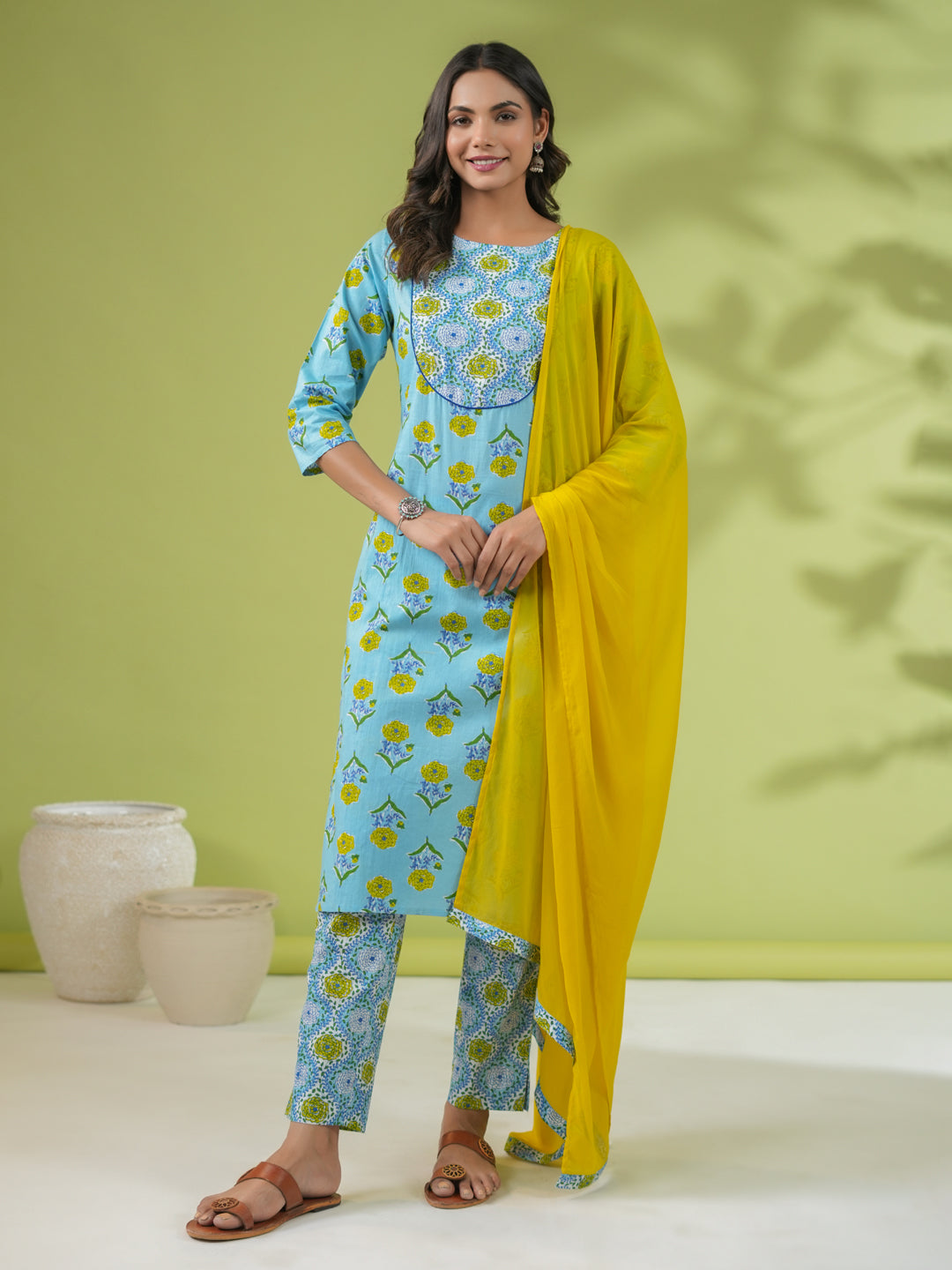 Light Blue Cotton Floral Regular Kurta Pant Set  - By Janasya