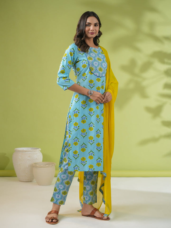 Light Blue Cotton Floral Regular Kurta Pant Set  - By Janasya