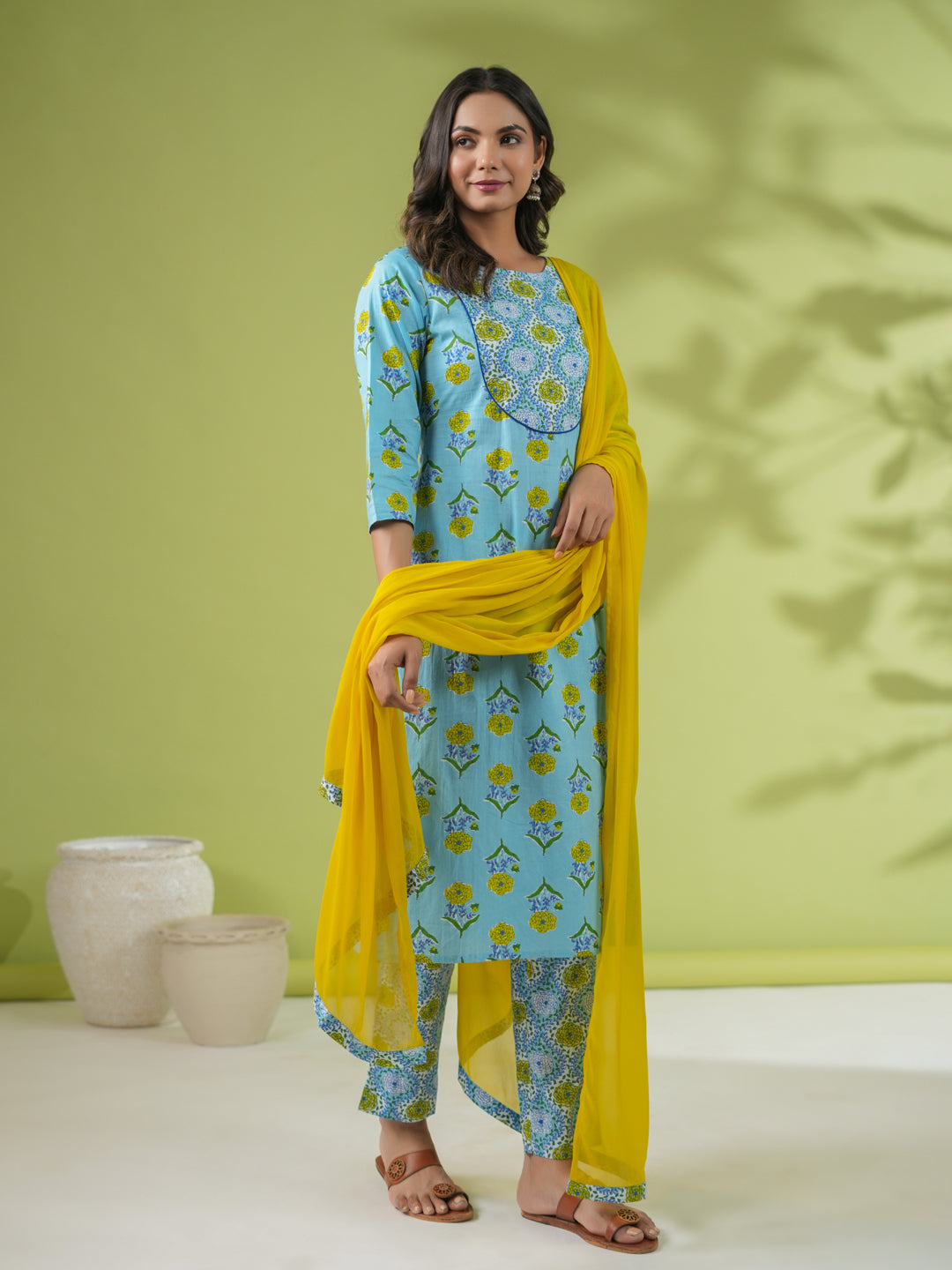 Light Blue Cotton Floral Regular Kurta Pant Set  - By Janasya