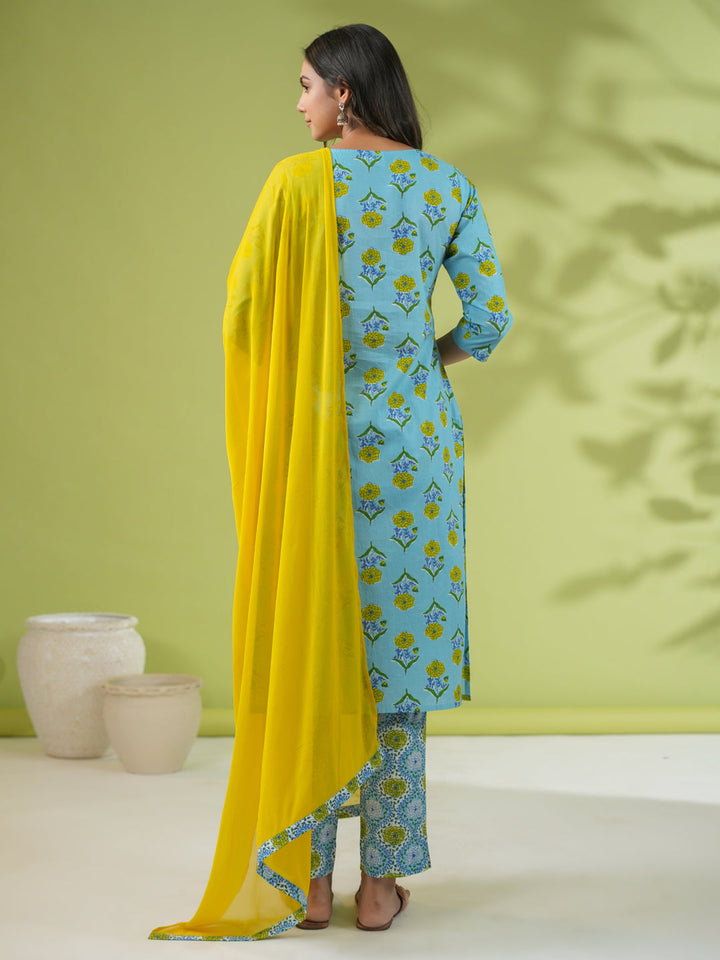 Light Blue Cotton Floral Regular Kurta Pant Set  - By Janasya