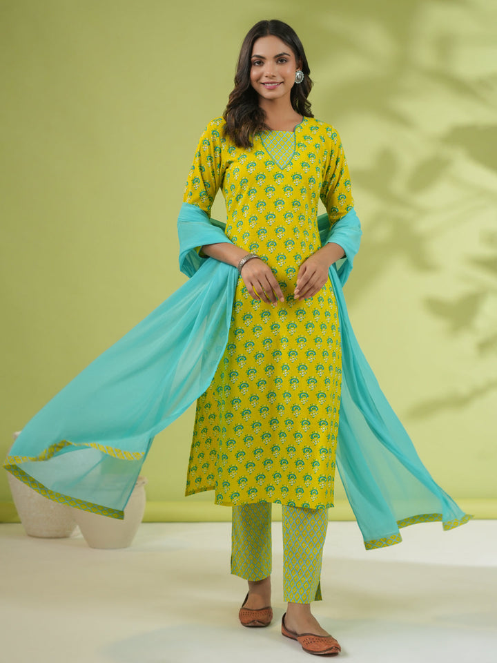 Yellow Cotton Ethnic Motifs Regular Kurta Pant Set  - By Janasya