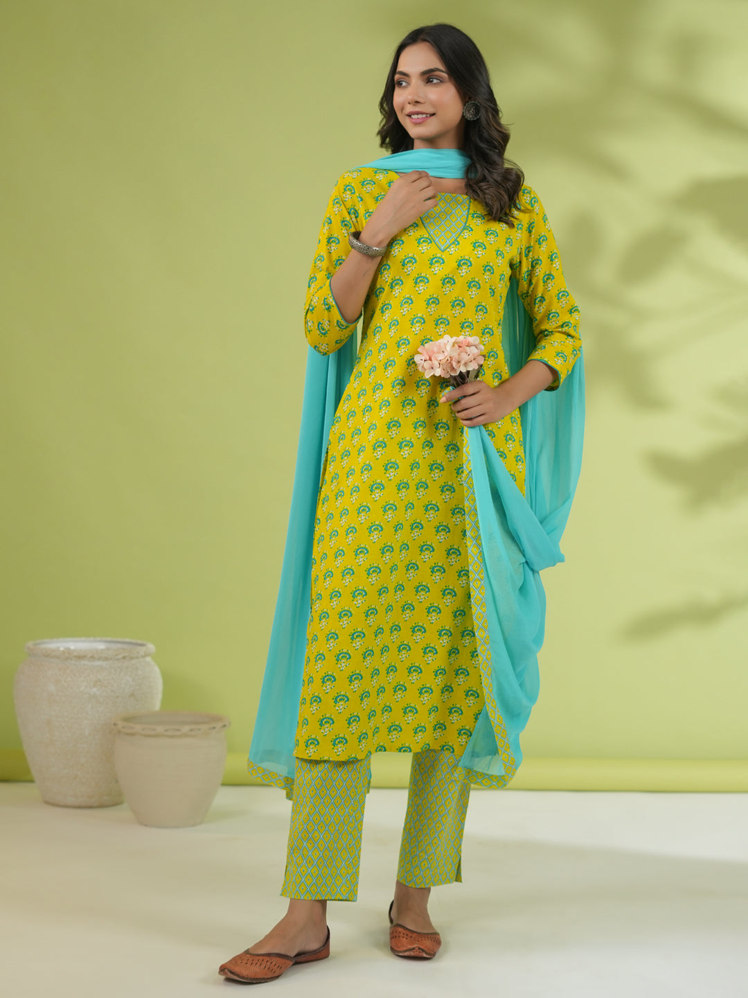 Yellow Cotton Ethnic Motifs Regular Kurta Pant Set  - By Janasya