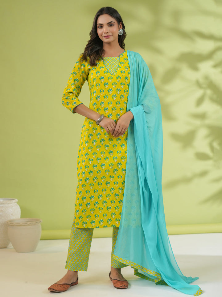 Yellow Cotton Ethnic Motifs Regular Kurta Pant Set  - By Janasya