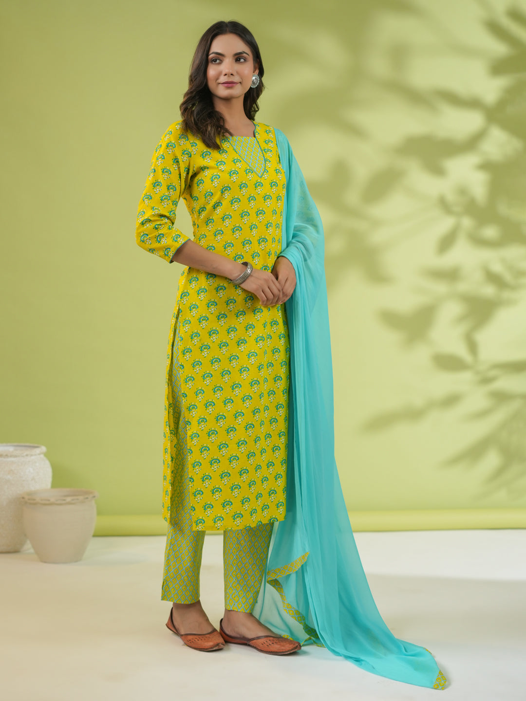 Yellow Cotton Ethnic Motifs Regular Kurta Pant Set  - By Janasya