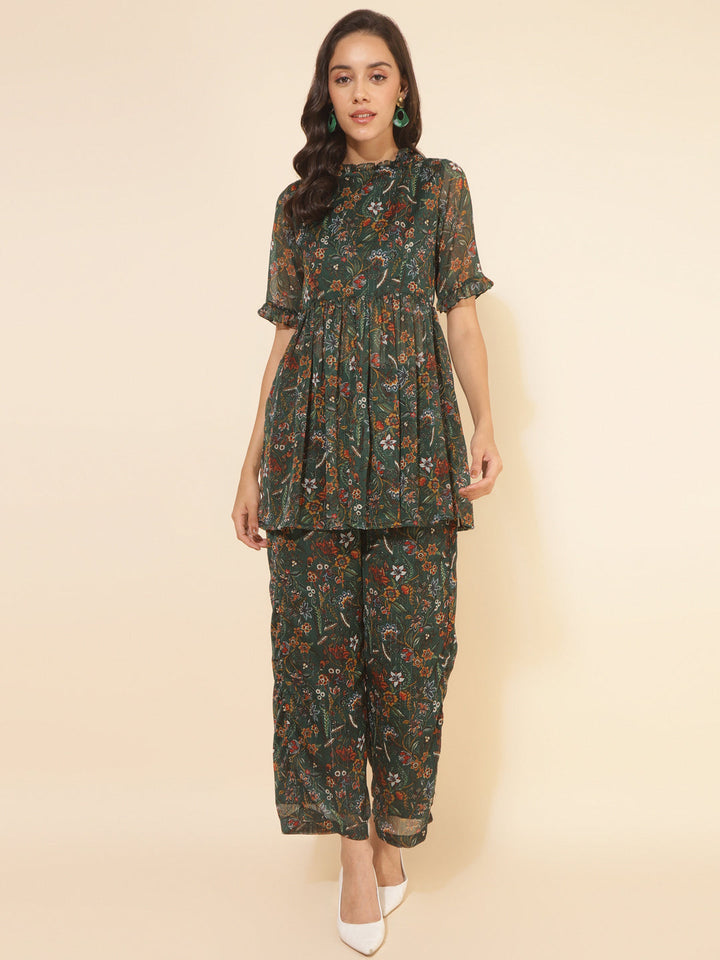 Green Chiffon Lurex Floral Printed Co-ord Set  - By Janasya