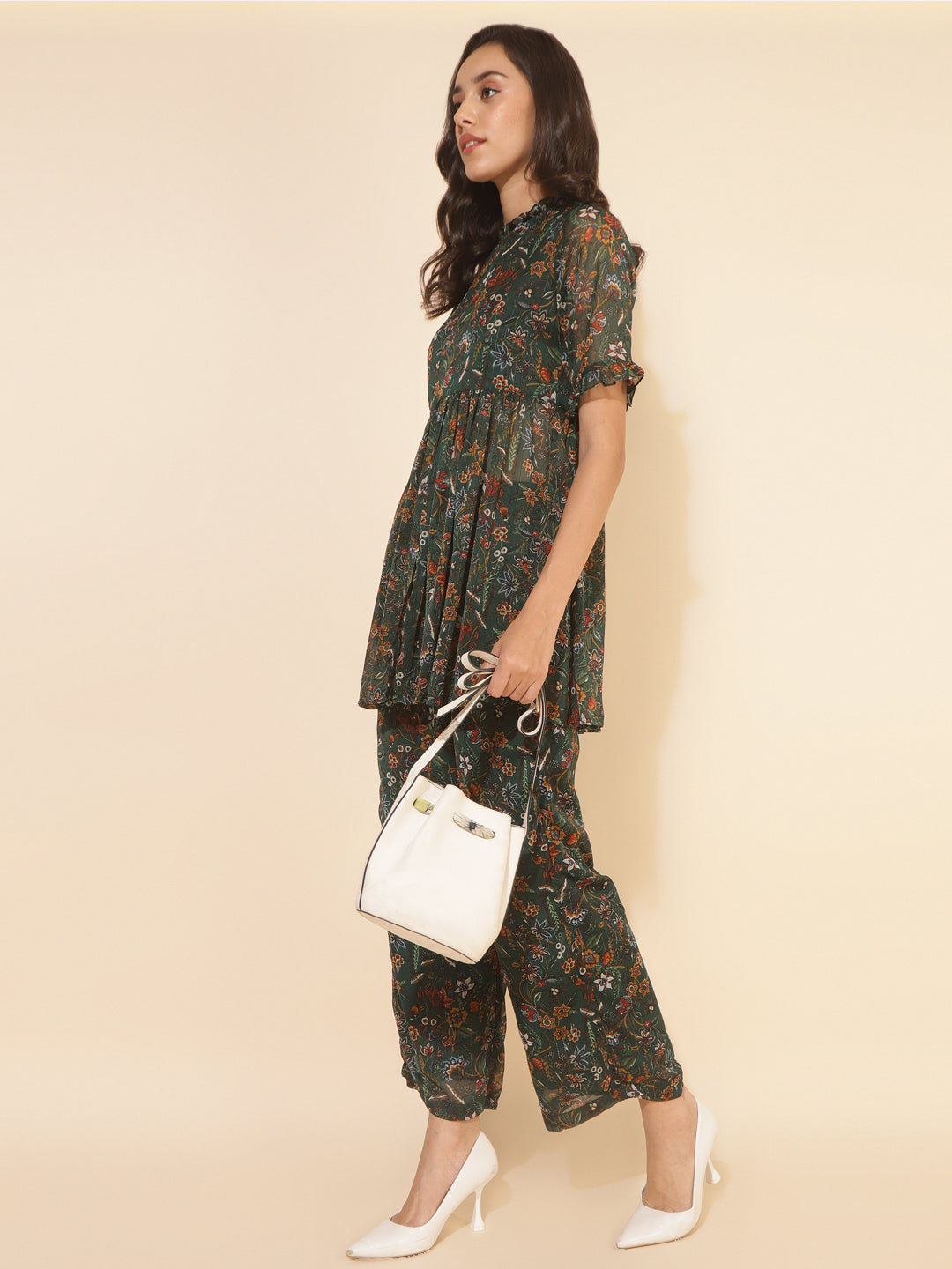 Green Chiffon Lurex Floral Printed Co-ord Set  - By Janasya