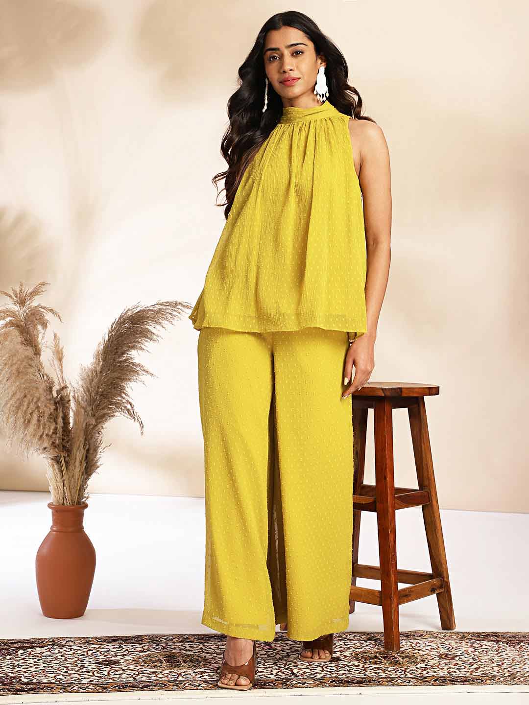 Yellow Dobby Chiffon Solid Co-ord Set  - By Janasya