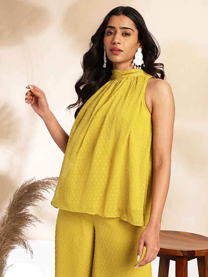 Yellow Dobby Chiffon Solid Co-ord Set  - By Janasya