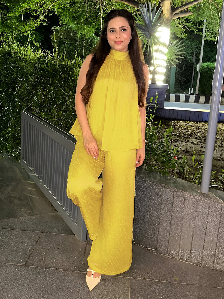 Yellow Dobby Chiffon Solid Co-ord Set  - By Janasya