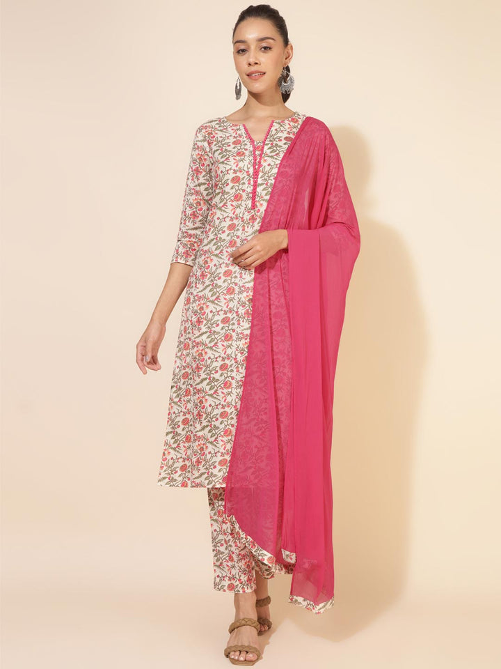 Off White Cotton Floral Regular Kurta Pant Set  - By Janasya