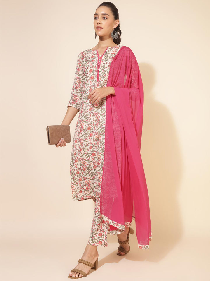 Off White Cotton Floral Regular Kurta Pant Set  - By Janasya