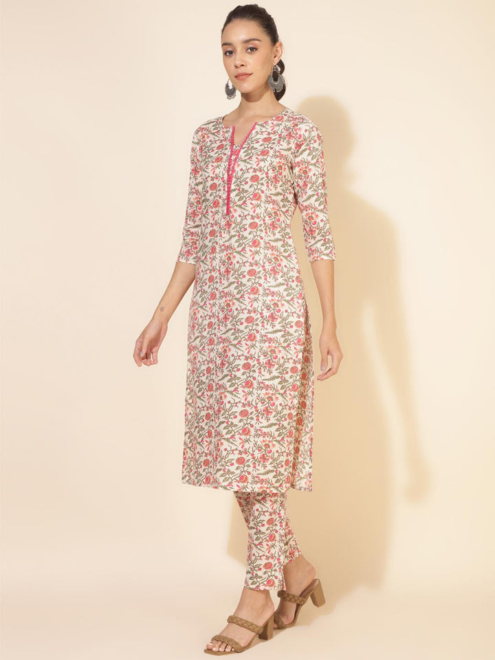 Off White Cotton Floral Regular Kurta Pant Set  - By Janasya